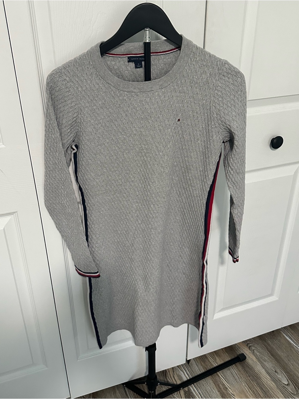 Tommy Hilfiger Gray Cable-Knit Sweater Dress with Tricolor Side Stripes